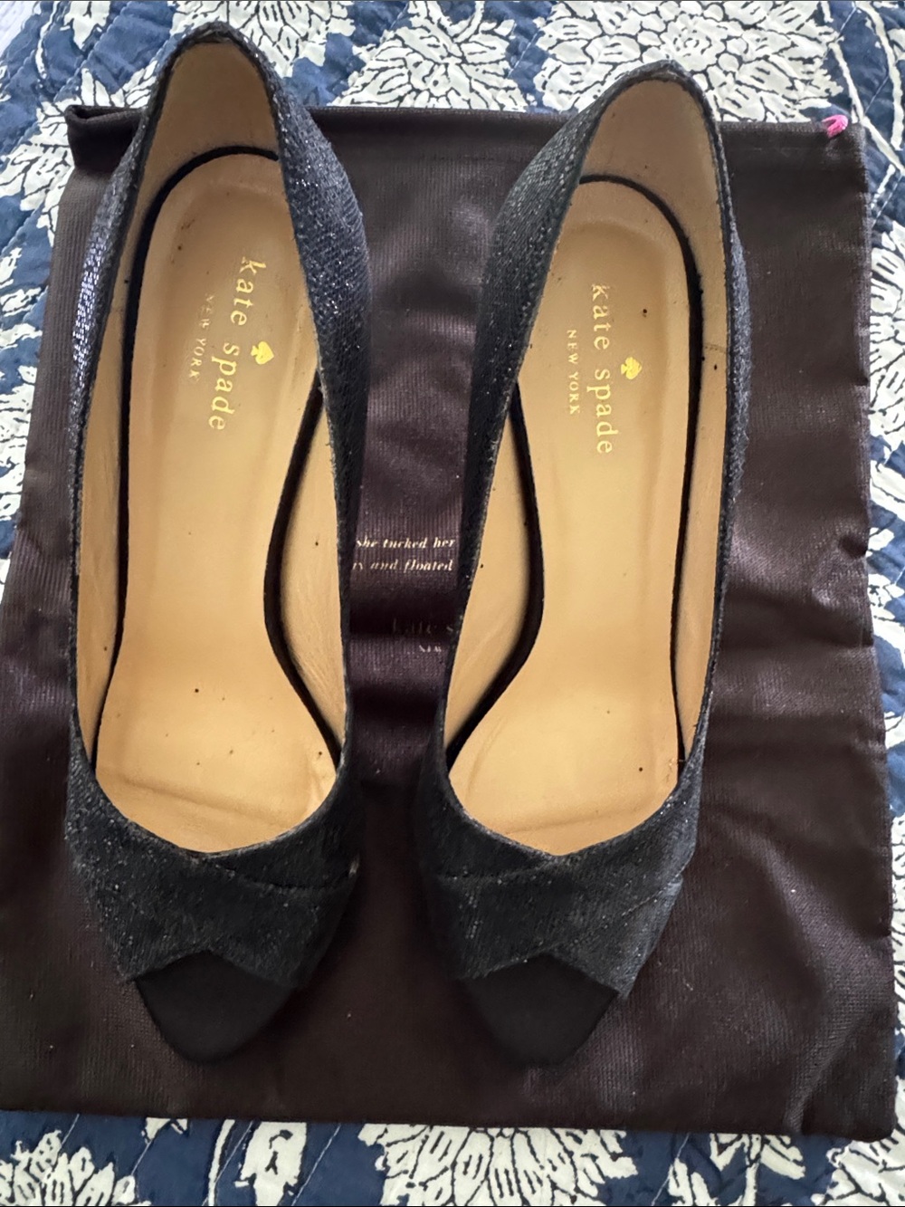 kate spade Black Glitter Peep-Toe Heels